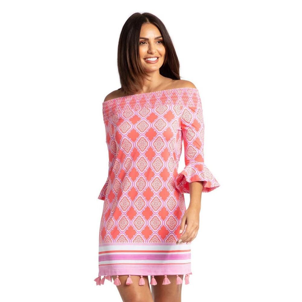 Cabana Life Women’s Small Coral Geo Smocked Off-the-Shoulder Mini Dress